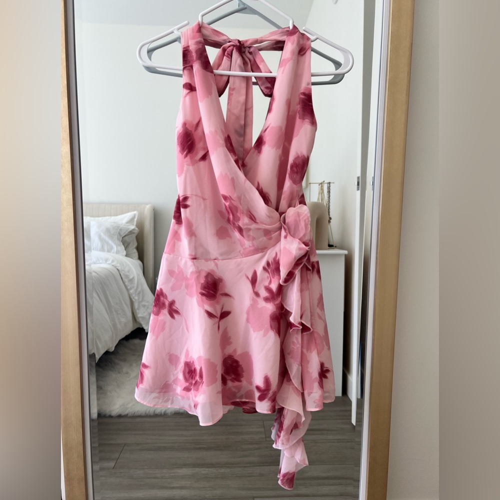 Abercrombie pink floral draped halter mini dress.